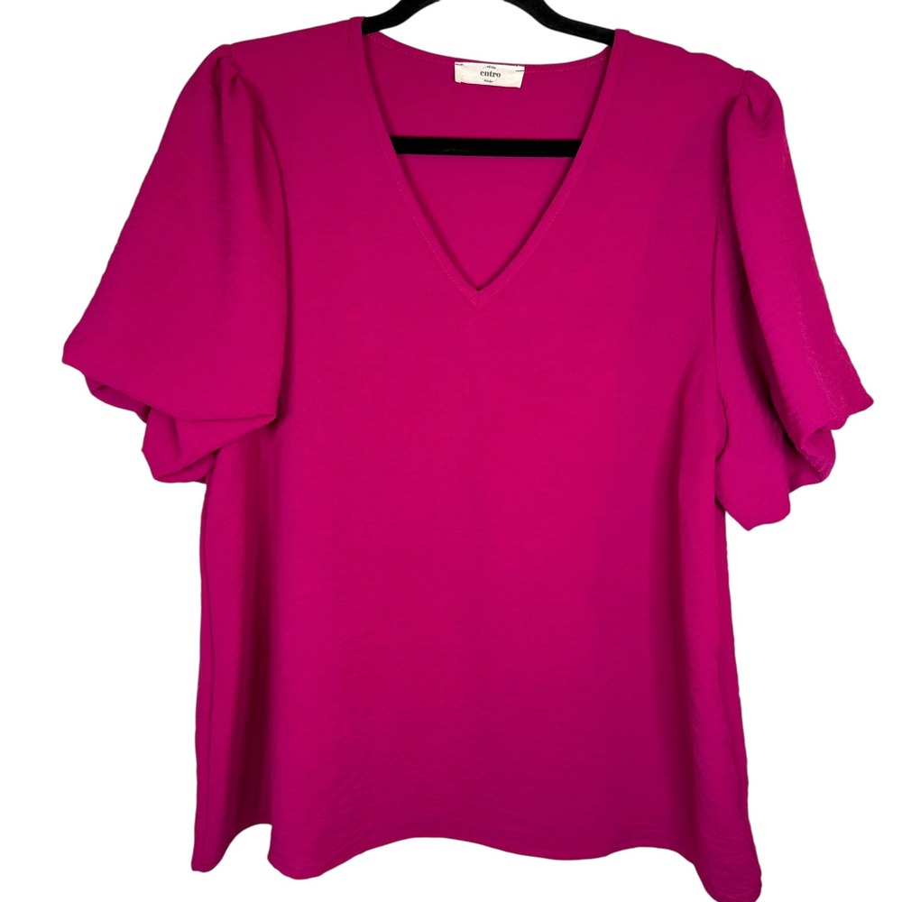Entro‎ Women's Fuchsia Pink V-Neck Short Flutter Sleeve Blouse Top - Size M